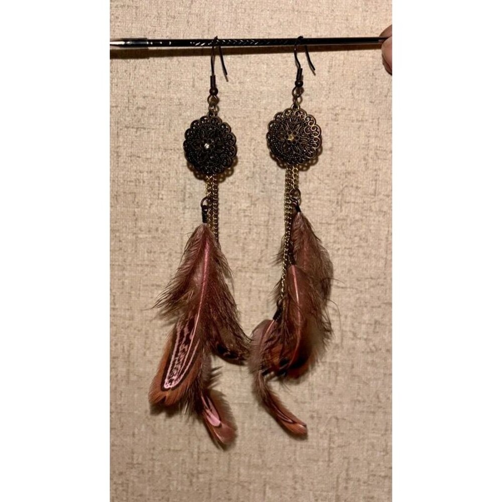 Light Pink Vintage Bohemian Feather Dangle Earrings